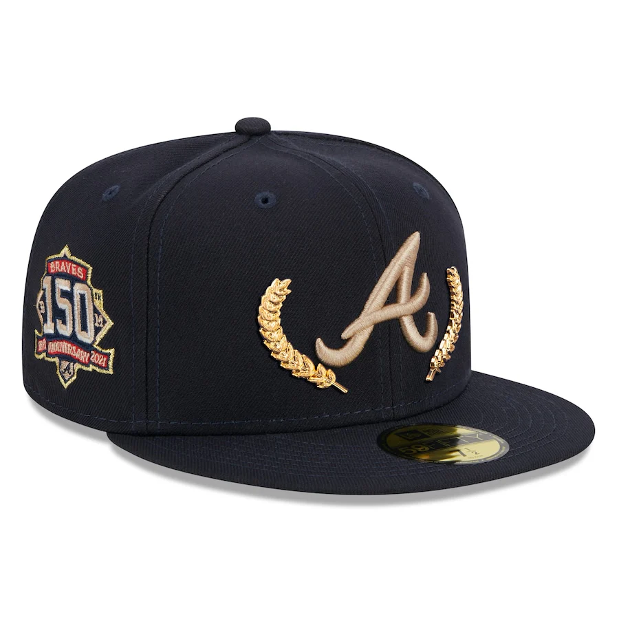 New Era Navy Atlanta Braves Gold Leaf 59FIFTY Fitted Hat - Dripflix